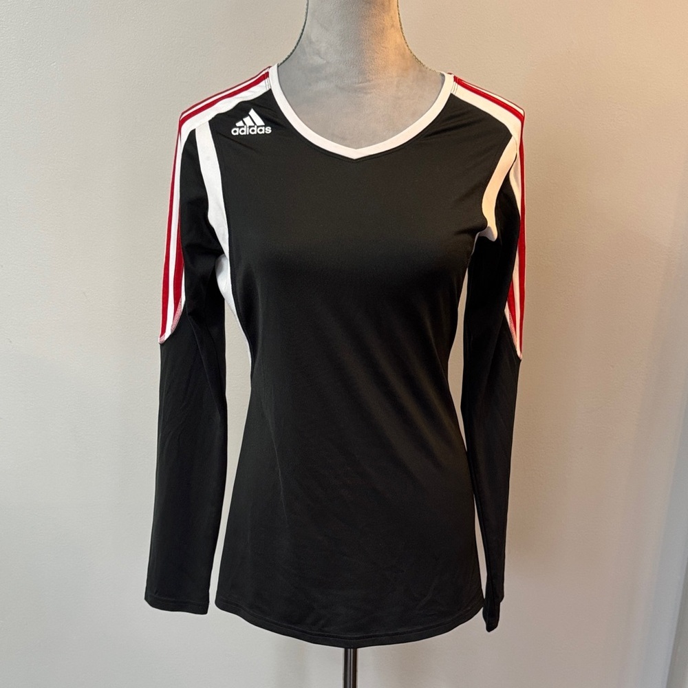 adidas Women's Black Long-Sleeve Athletic top with Red stripe logo EUC S